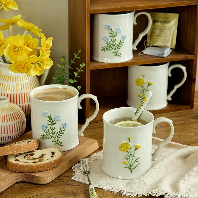 2 Pack Floral Ceramic Coffee Mugs - Yellow and Blue Flowers, Hand-Painted, Microwave & Dishwasher Safe, Ideal for Cappuccino, Tea, Hot Chocolate