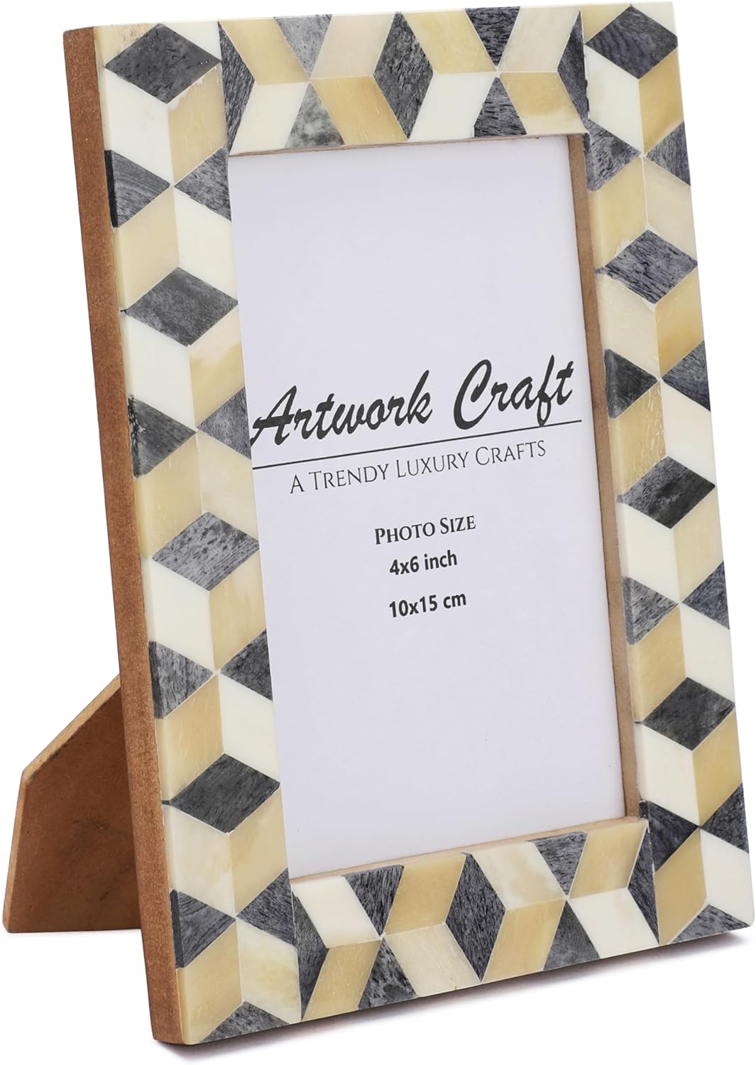 Handmade Bone Photo Frame 4x6 – Rustic Vintage Chevron Design, Boho Cube Grey & White Picture Frame for Tabletop or Wall Décor
