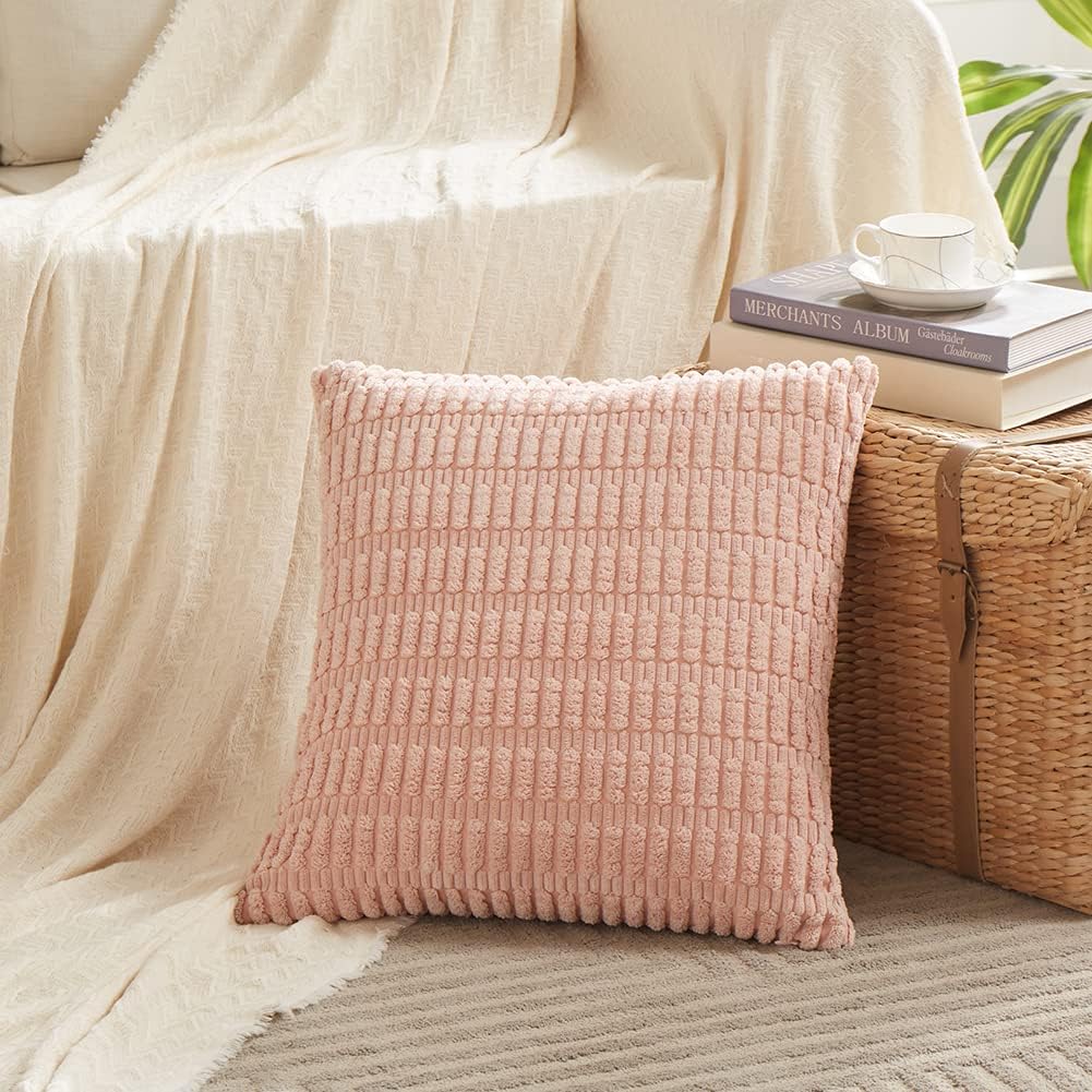 Fancy Homi 4 Packs Boho Pink Decorative Throw Pillow Covers 24x24 Inch for Living Room Couch Bed Sofa, Rustic Modern Farmhouse Home Decor, Soft Plush Corduroy Cute Square Cushion Case 60x60 cm