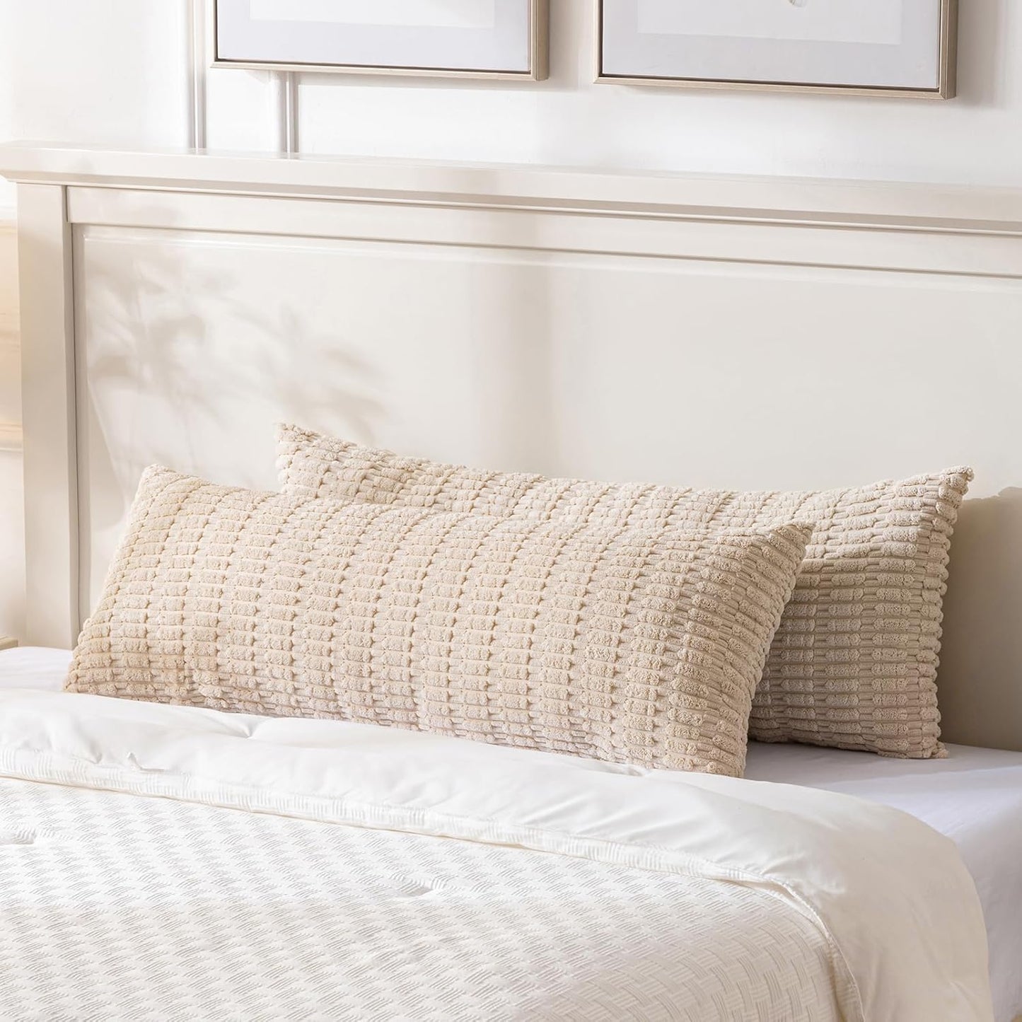 Fancy Homi Tan Long Body Lumbar Decorative Throw Pillow Cover 14x36 Inch for Bed Couch Bedroom Bench, Soft Corduroy Rectangle Solid Pillow Case 35x91 cm, Beige Rustic Farmhouse Boho Room Decor