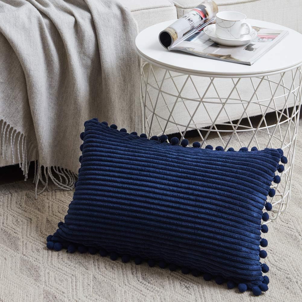 Fancy Homi Pack of 2 Boho Lumbar Decorative Throw Pillow Covers with Pom-poms, Soft Corduroy Solid Rectangle Cushion Cases Set for Couch Sofa Bedroom Car Living Room (12x20 Inch/30x50 cm, Navy Blue)