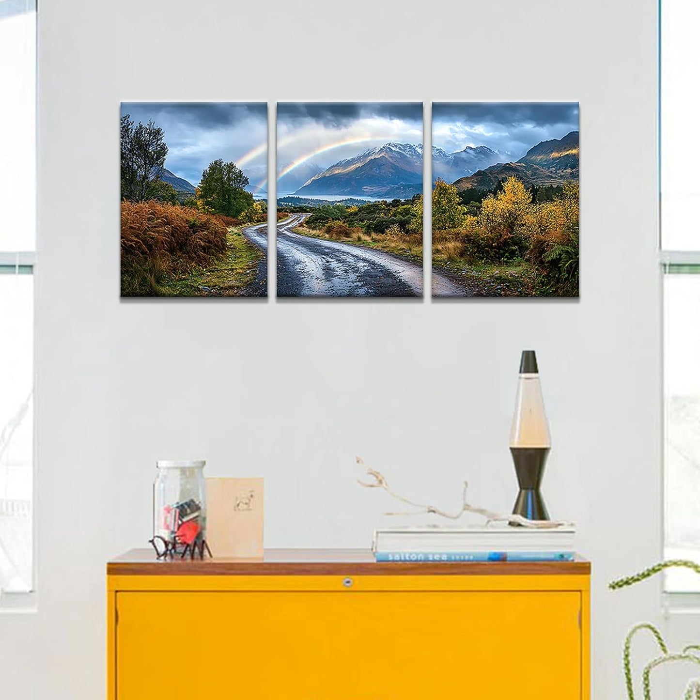 Landscape Canvas Wall Art Rainbow and Beautiful Nature Poster Print Countryside Natural Mountain Paths Picture Painting Wall Decor Artwork for Home Bedroom Bathroom Ready to Hang [36''W x 16''H]