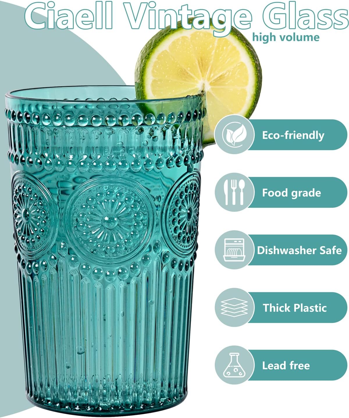 Ciaell 12 Pack Romantic Plastic Water Glasses - 14 Oz Green Vintage Drinking Glasses, Embossed Ribbed Plastic Cups, Textured Striped Set for Juice, Beverages, Beer, Cocktail, Christmas