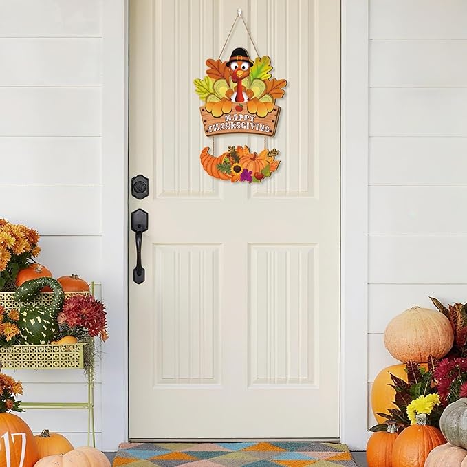 ﻿Ausril Fall Door Decor Turkey,Happy Thanksgiving Day Sign,Pumpkin Turkey Sign for Front Door,Welcome Autumn Wall Hanging,Harvest Thanksgiving Day Wreath for Home Farmhouse Porch Yard Party Outdoor