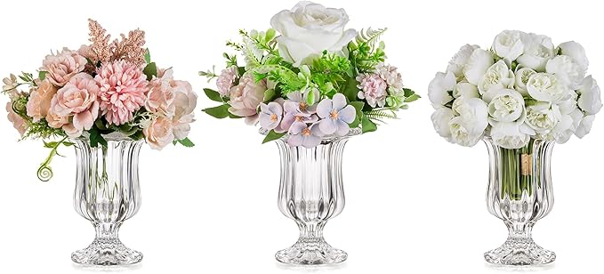 Glasseam Glass Vases for Decor, Small Compote Vase Set of 3, Ribbed Flower Vases for Centerpieces, Fluted Clear Crystal Pedestal Vase for Wedding Table Decorations, 5.7in