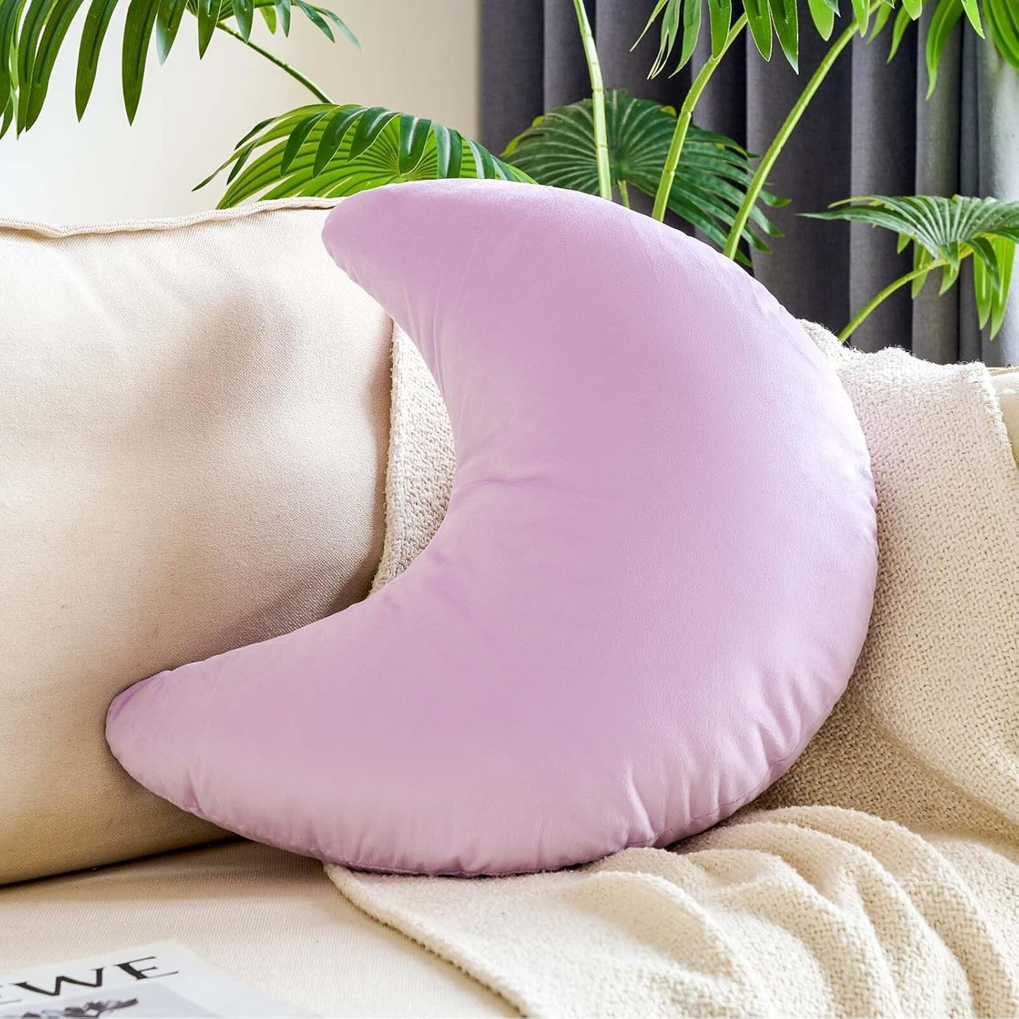 Lavender Moon Pillow, 19.6" Cute Soft Velvet Half Moon Shape Plush Decorative Throw Pillows Cushions Room Decor for Couch Bedroom Living Room