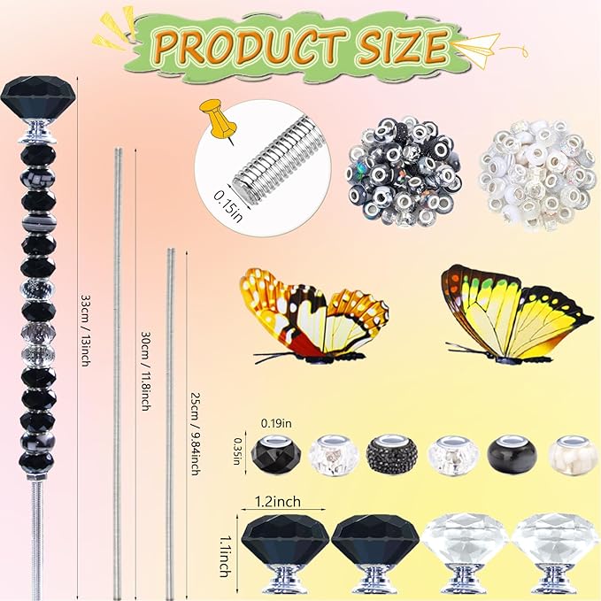 145 PCS Beaded Garden Stakes Kit, DIY Fairy Wand Garden Stake Beads Kits with Assortment Large Hole Beads 4 Crystal Stopper Top 2 Butterfly Tops and Threaded Rods for Outdoor Indoor Decor