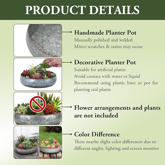 MyGift 11-inch Galvanized Silver Metal Round Planter Bowl with Brass-Tone Pebbled Rim - Handcrafted in India