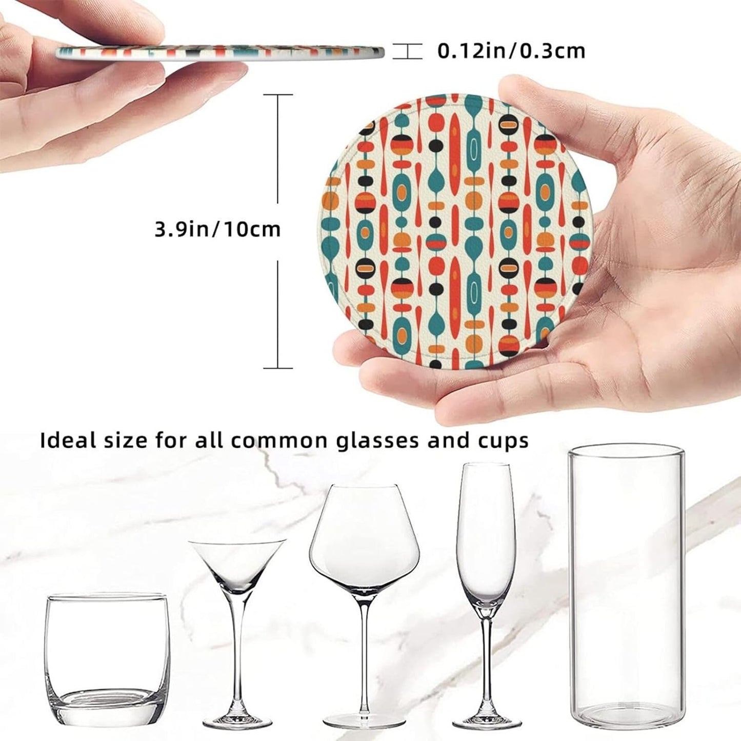 Mid Century Modern Style Leather Drinks Coasters with Holder, Set of 6, Suitable for Various Cups