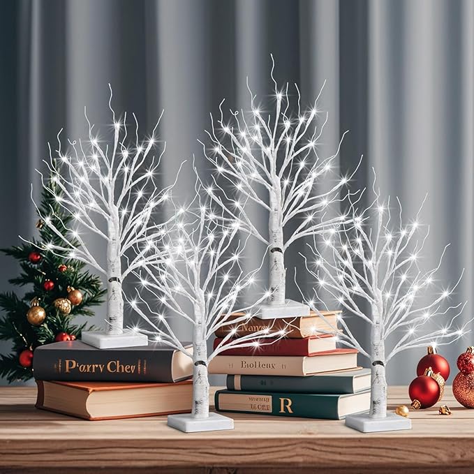 4pcs 36LED Lighted Birch Tree Home Decor - White Birch Tree with Lights Money Tree Wedding Centerpieces Artificial Branches Table (White)