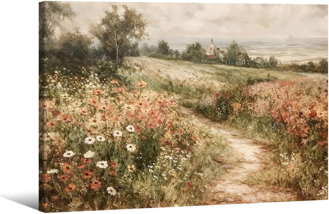 Landscape Wildflower Wall Art Nature Botanical Floral Posters Retro Cottagecore Plant Paintings Canvas Prints 08x10 inch Framed for Farmhouse Living Room Wall Decor