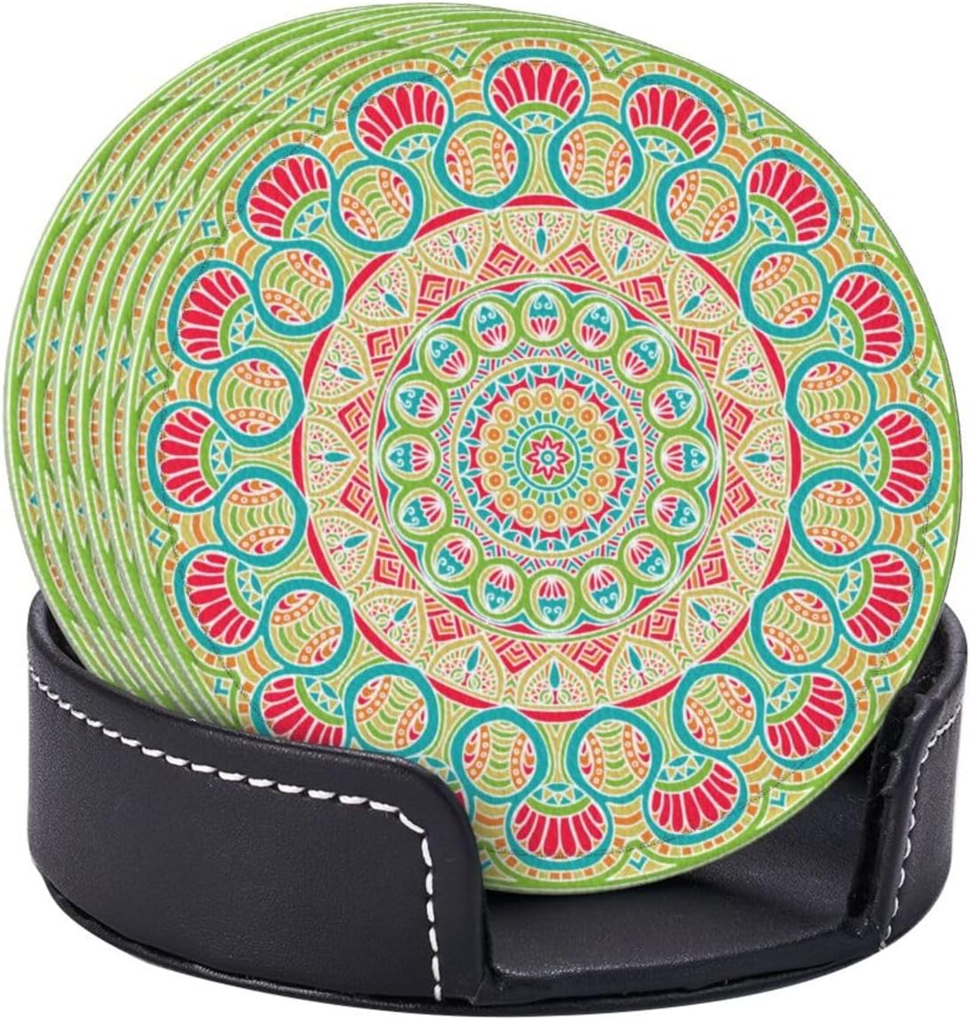 Colorful Mandala Leather Drink Coasters Set of 6 with Holder Round Cup Coaster for Table Decor