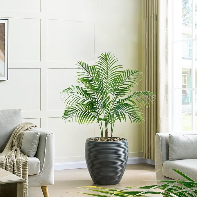 2PCS Artificial Palm Tree 3FT Artificia Plants Indoor Fake Trees Tropical Fake Plam Tree Floor Plant in Black Pot with 9 Trunks & Real Bark Design Faux Palm Plant for Outdoor Home Room Decor