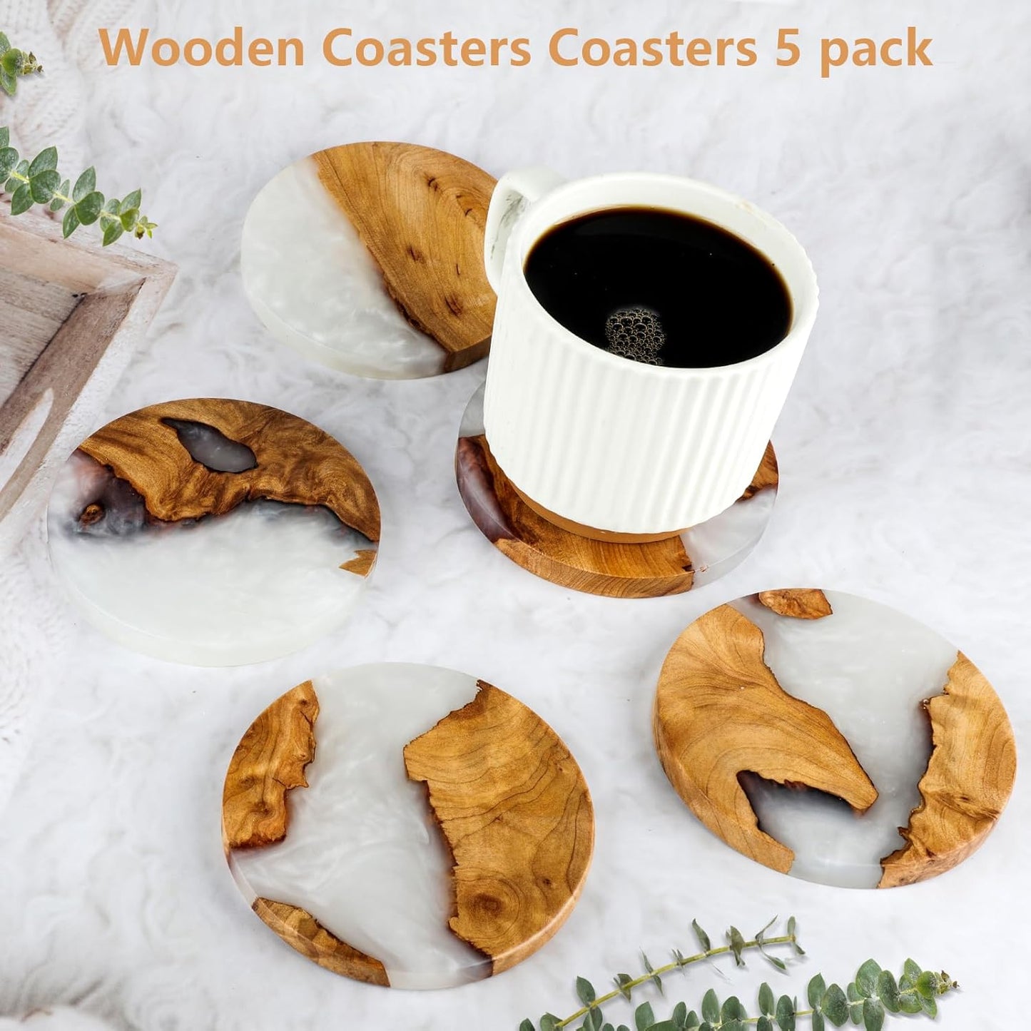 Drink Coaster Set, Wooden Absorbent Coasters, Epoxy Resin Coaster for Coffee Table, Tabletop Protection Decor, Set of 5 with Holder