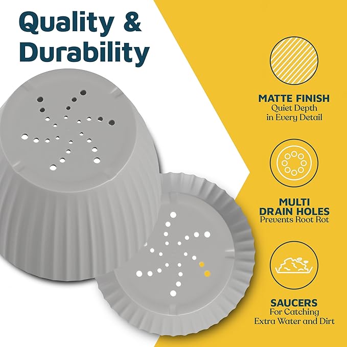 Gray 6-Inch Plant Pots with Drainage & Saucers 12 Pack, Indoor & Outdoor Planters for Houseplants, Herbs, and Flowers, Durable & Weatherproof Material, Stackable, Lightweight, Minimalist Design