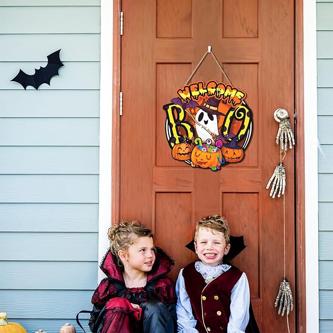 Welcome Halloween Door Sign,Ghost Door Wreath,Pumpkin Wall Sign,Pumpkin Ghost Wall Decoration,Funny Boo Welcome Halloween Plaque for Party Home Porch Yard Office Outdoor Nursery Living Room