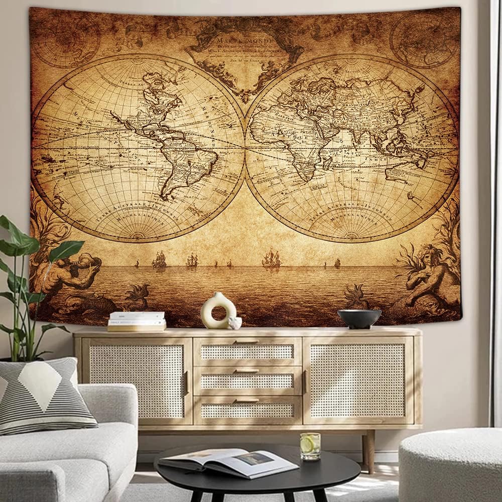 JAWO Old World Map Tapestry, Vintage Wanderlust Pirate Map Tapestry Wall Hanging for Bedroom, Historical Atlas Tapestries Poster Beach Blanket College Dorm Home Decor (80W X 60H)