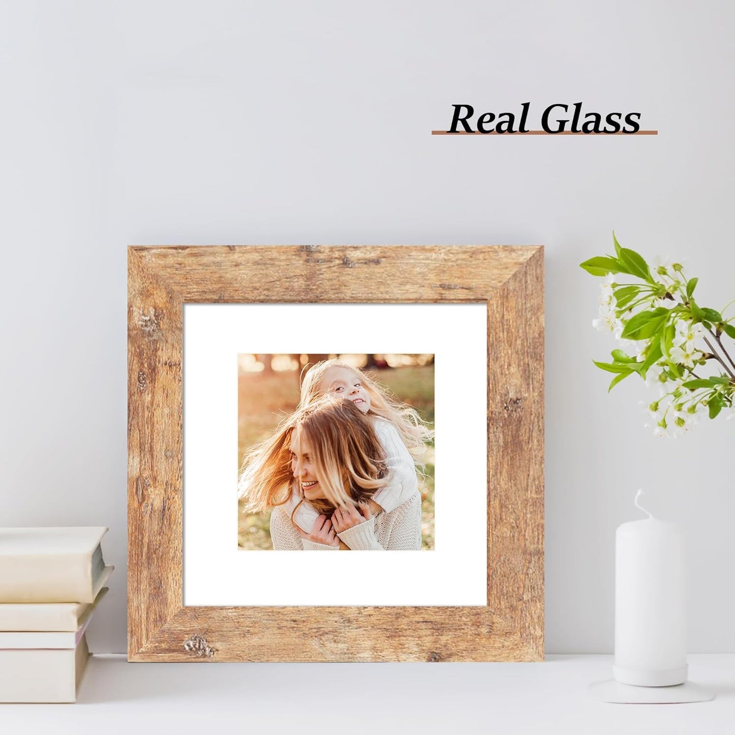 iRahmen 6x6 Picture Frame Set of 4 with Real Glass, Rustic Brown Frames Display 4x4 Picture with Mat or 6 x 6 Without Mat, Square Wood Photo Frame for Wall Mount and Tabletop Display