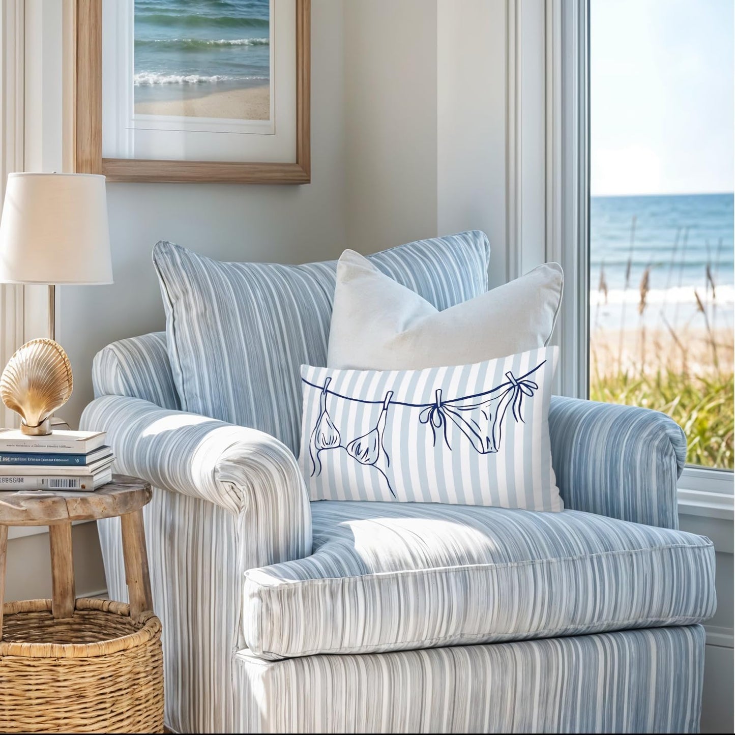 Coastal Beach Girly Room Decor 12x20 Pillow Cover, Preppy Beach Navy Blue Bikini Striped Decorative Lumbar Pillow Covers for Girls Bedroom College Dorm Sofa Couch