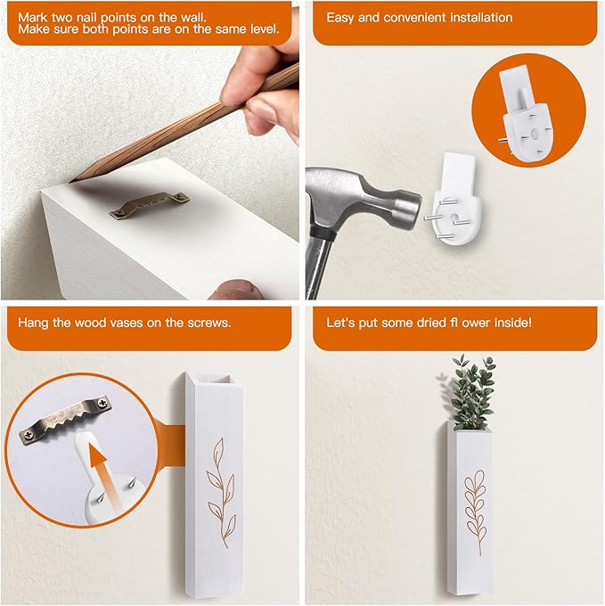 Wood Wall Planter, Farmhouse 4 Pack Indoor Pocket Wall Vases Decor for Living Room Bedroom Dried Flowers Faux Greenery Plants (White)