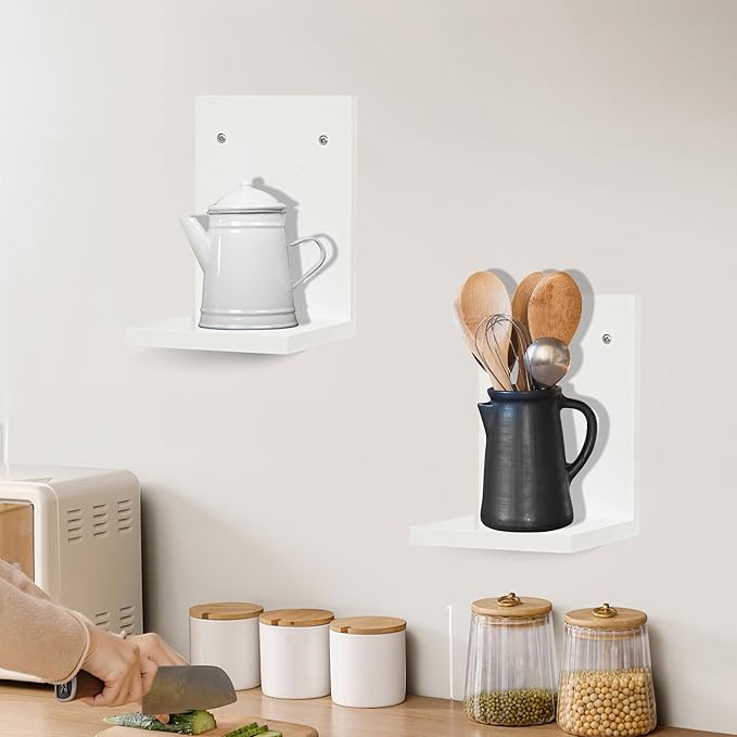 Small Wall Shelf,L-Shaped Small Floating Shelves for Plants Speaker Table Lamp Display,Wooden Ledges Indoor Modern Midcentury Decorative for Gallery Living Room Bedroom Porch,Pine,2 Pack(White)