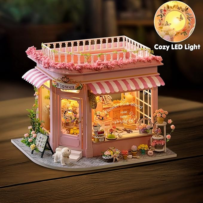 TuKIIE DIY Miniature House Kit with Furniture, 1:24 Scale Creative Room Mini Wooden Dollhouse Book Nook Plus Dust Proof & Music Movement for Kids Teens Adults(Flower Shop)
