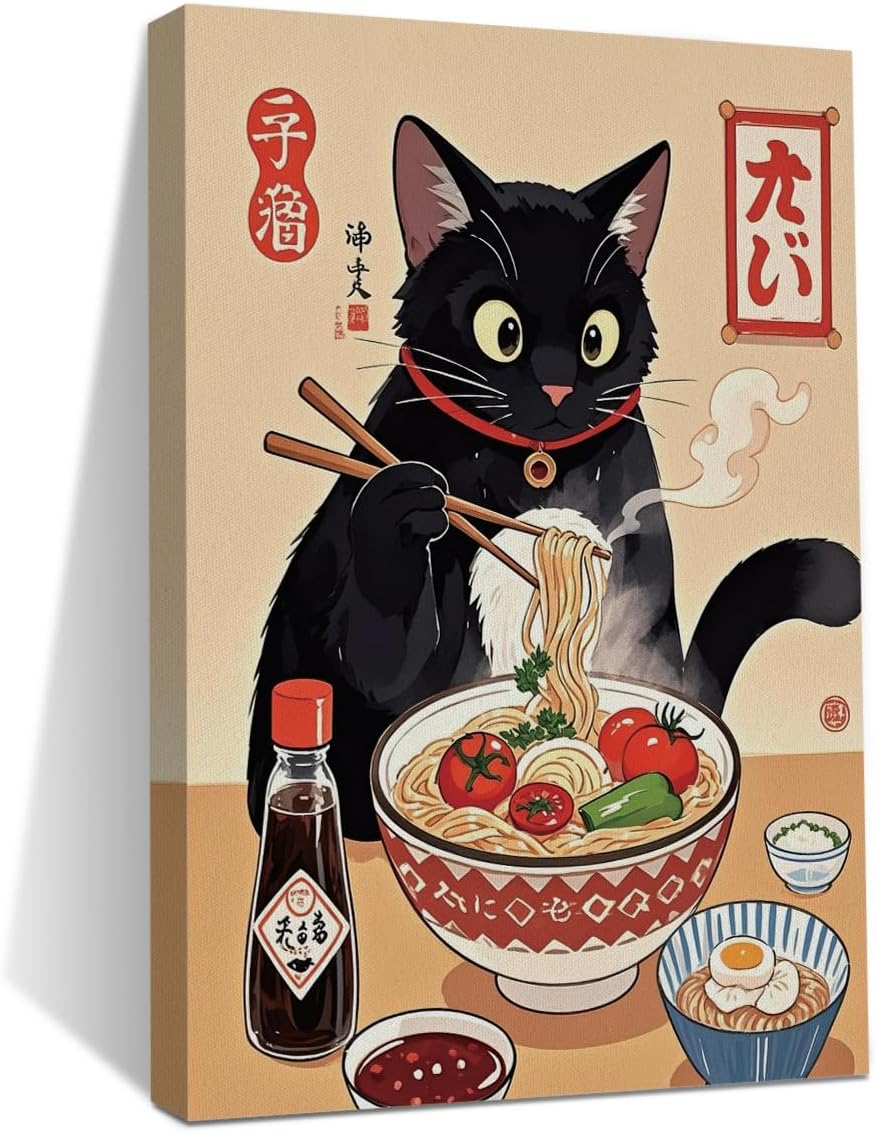 HZMLYDJ Cute Japanese Cat Canvas Wall Art, Quirky Cats Eating Ramen Posters Trendy paintings Wall Art Decor, Aesthetic Canvas Decoration Artwork for Walls Home Living Room Kitchen Dining Room Decor