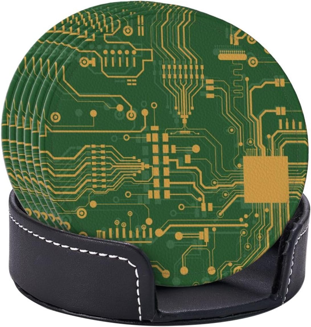 Green Circuit Board Leather Drink Coasters Set of 6 with Holder Round Cup Coaster for Table Decor
