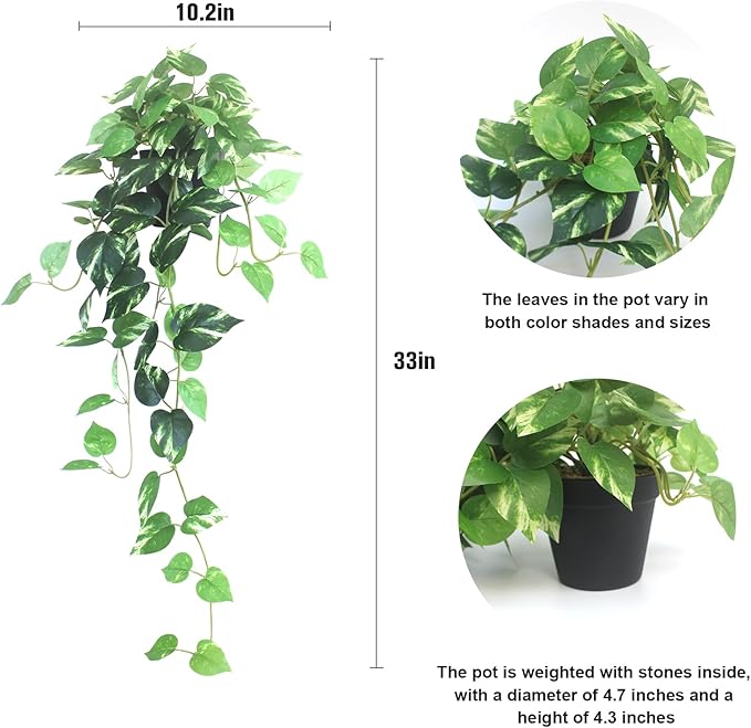 Fake Pothos Hanging Plants - 33" Set of 2 Artificial Silk Ivy Vines with Pots, Realistic Faux Greenery for Indoor Home Decor, Low Maintenance Hanging Plant Decoration (Golden Green)