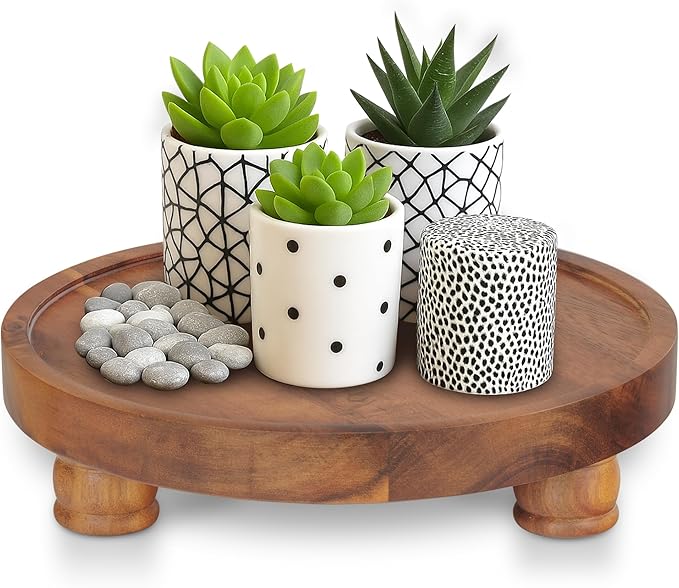 Demigo 10" Acacia Wood Round Tray - Decorative Plant Stand, Farmhouse Countertop Organizer, Multi-Purpose Display Pedestal, Riser Board for Soap, Perfume, Candles, Sponge, Bathroom, Kitchen