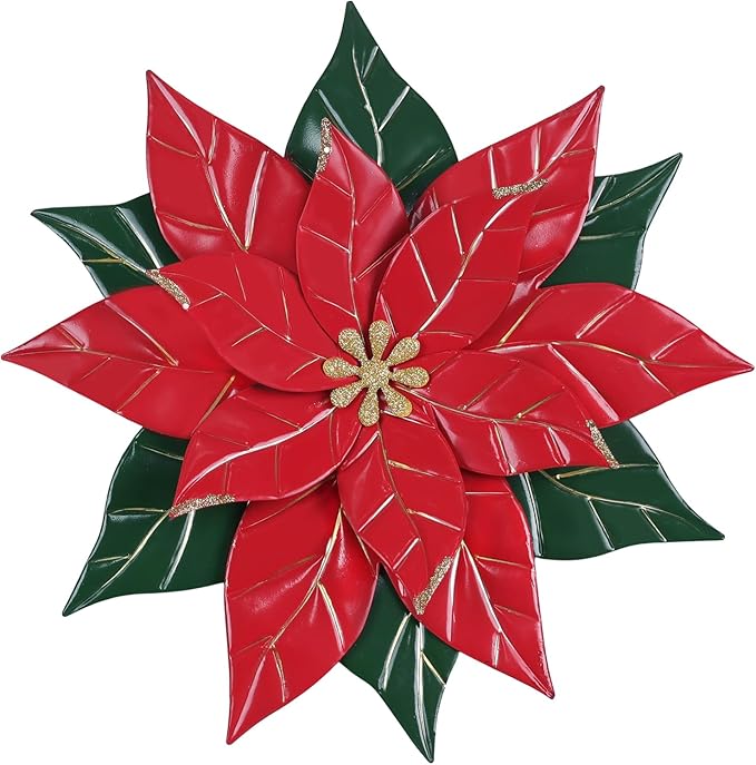 YEAHOME Chrismas Wall Decorations Indoor - 16 inch Metal Flower Wall Art Decor, Poinsettia Yard Garden Decor Hanging for Kitchen, Bathroom, Bedroom, Handmade Gift for Home, Indoor or Outdoor