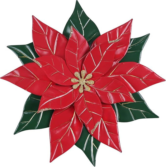 YEAHOME Chrismas Wall Decorations Indoor - 16 inch Metal Flower Wall Art Decor, Poinsettia Yard Garden Decor Hanging for Kitchen, Bathroom, Bedroom, Handmade Gift for Home, Indoor or Outdoor