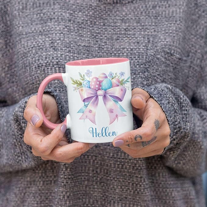 Unique Custom Name Coffee Mug, Spring Flowers and Bow Ceramic Cup 11oz 15oz, Personalized Elegant Bow White Mug, Easter Eggs with Floral Coffee Cup, Gifts for Easter Celebration