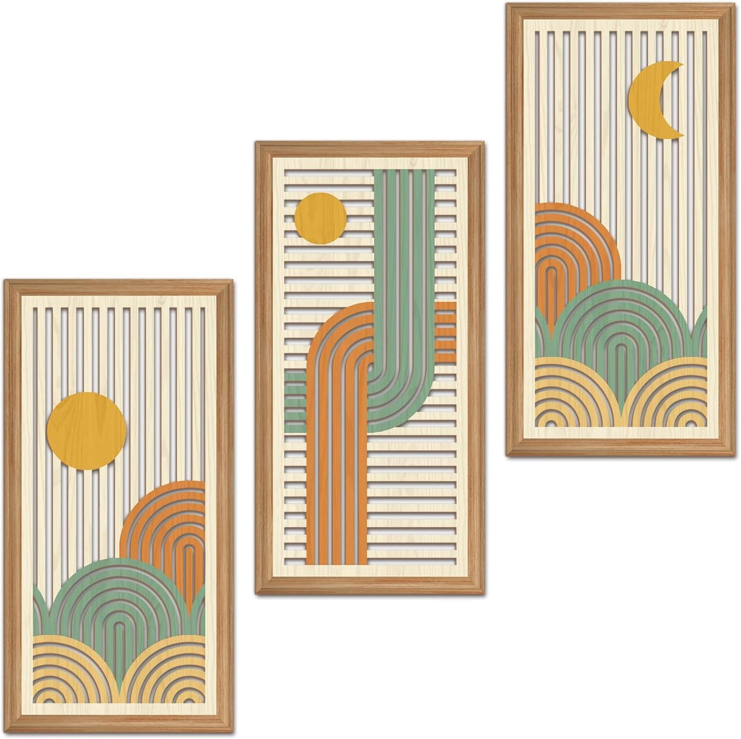 IARTTOP 3 Pcs Boho Abstract Wood Wall Art Modern Geometric Artwork Bohemian Sun and Moon Wood Wall Decor Minimalist Line Hanging Decor for Living Room Bedroom Apartment 7.9 x15.8 Inch