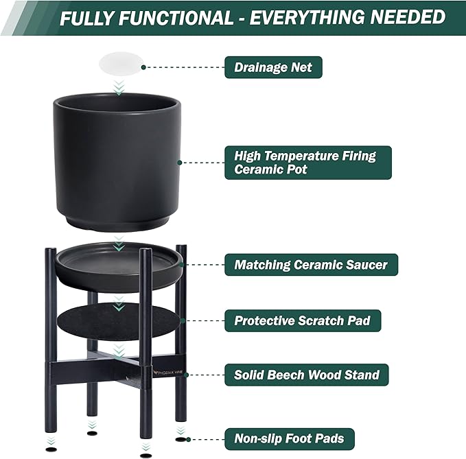 D'vine Dev Ceramic Planter with Ebony Stand - 12 Inch Modern Round Flower Pot with Wood Planter Holder, Black, 55-B-H-2