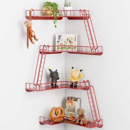 Fire Escape Wall Shelf - Modern City Style 4-Tier Corner Wall Shelves, Easy to Install Metal Ladder Shelf for Figures, New York Decorative Shelves for Bathroom, Living Room & Home Decor, Red