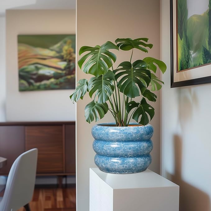 SQOWL 10 Inch Planter Pot - Ceramic Plant Pot with Drainage Hole Planter for Indoor Plants Large Flower Pot Decorative Plant Pot Outdoor Planter for Porch Decor Blue