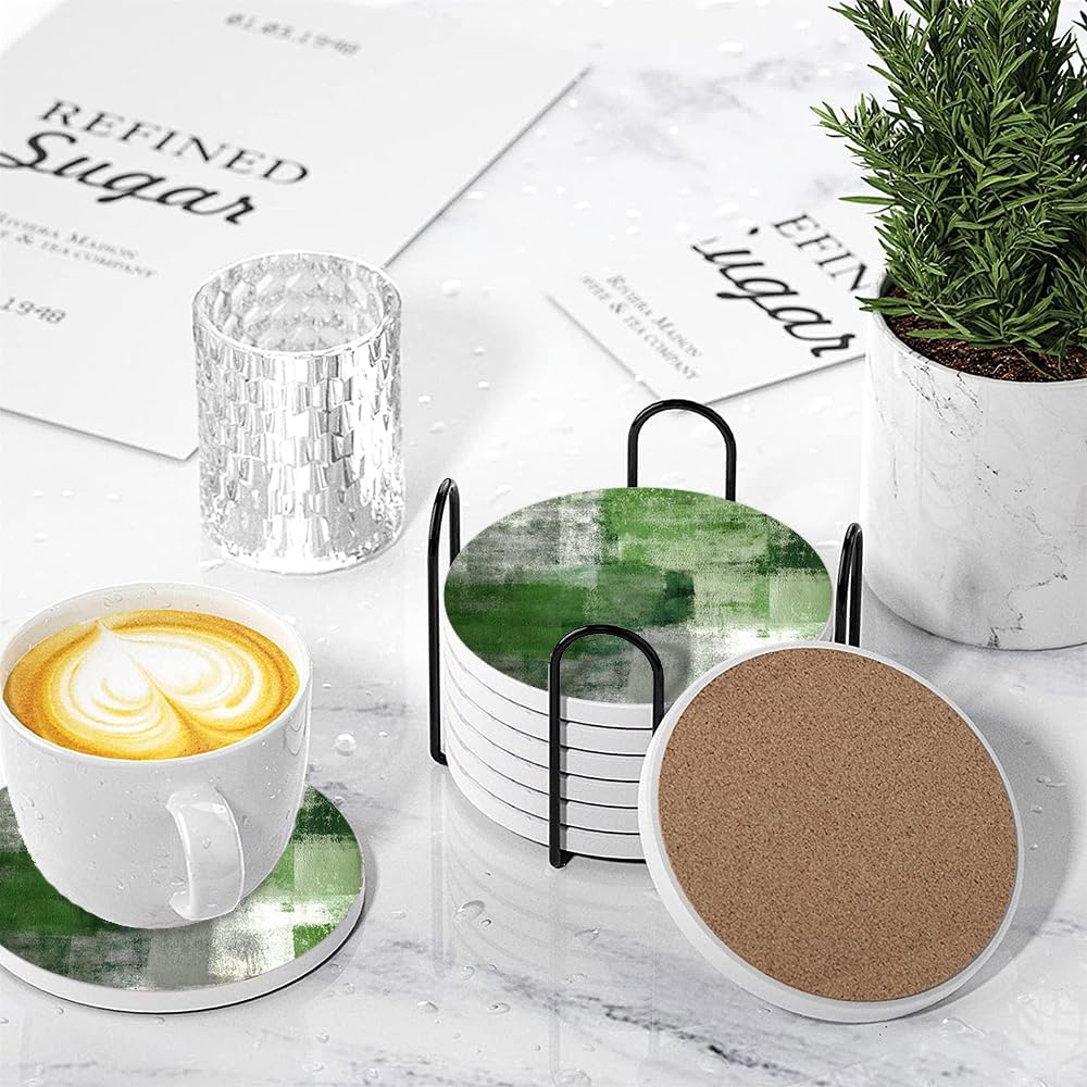 LOKMU Coasters for Drinks,Round Absorbent Ceramic Stone Coaster Sets of 6 with Metal Holder Stand,Green and Grey Abstract Art Coasters with Cork Base for Coffee Wooden Table,Housewarming Gifts