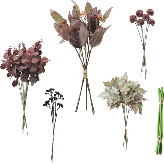 Floroom Artificial Greenery Stems Box Set, 36pcs with 5 Kinds of Faux Greenery Flowers Picks for DIY Bridal Bouquets Wedding Floral Arrangement Table Centerpieces, Burgundy & Mauve