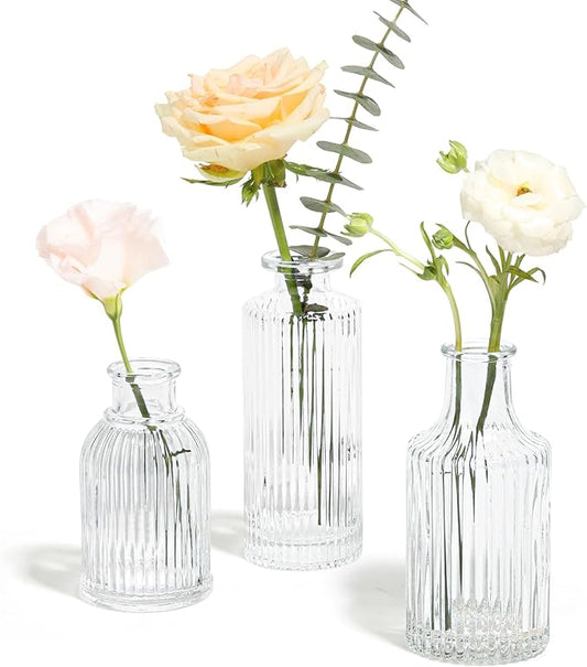 ComSaf Glass Bud Vases Set of 3, Small Flower Vases in Bulk, Mini Ribbed Vases for Centerpieces, Clear Vintage Vase for Table Decorations, Wedding, Party, Receptions, Home Decor (Different Sizes)