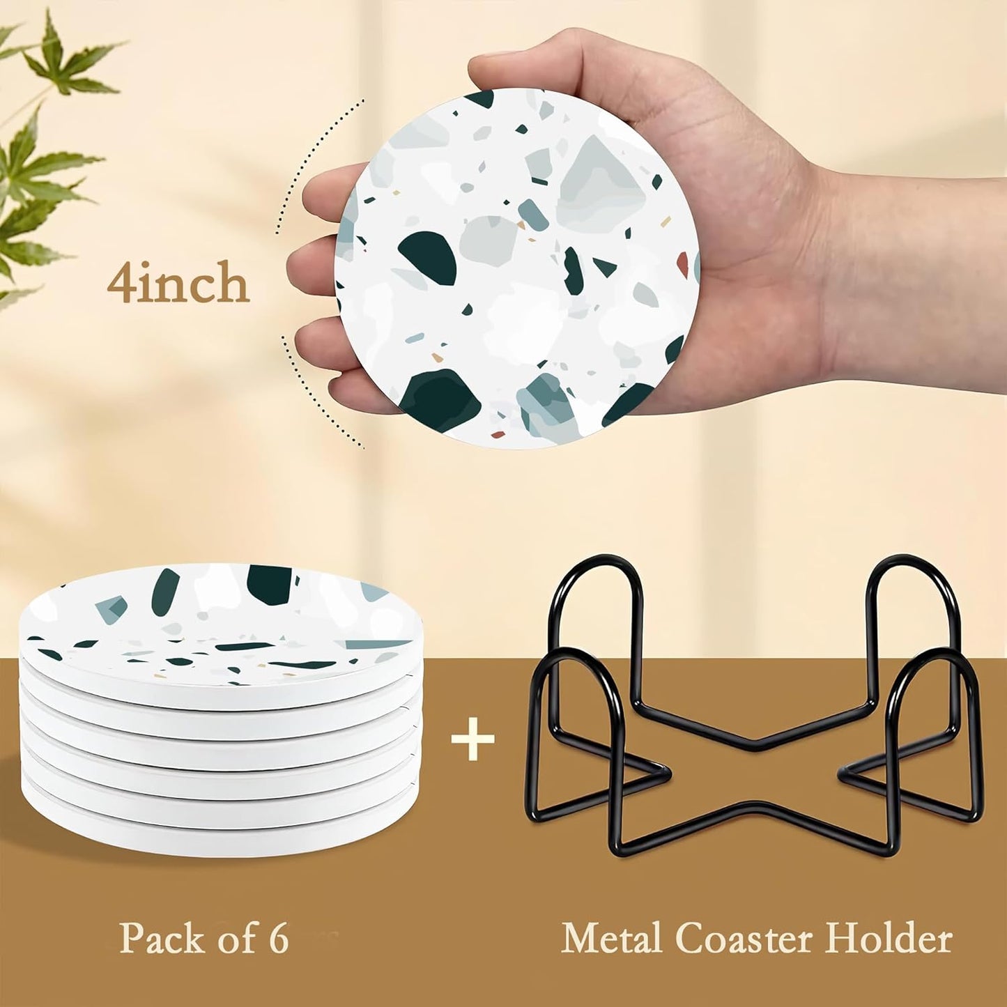 Drink Coasters with Holder,6 Pcs Terracotta Polka Dots Design, Water-Absorbent Beverage Pads for Dining Table Decor & Glass Protection