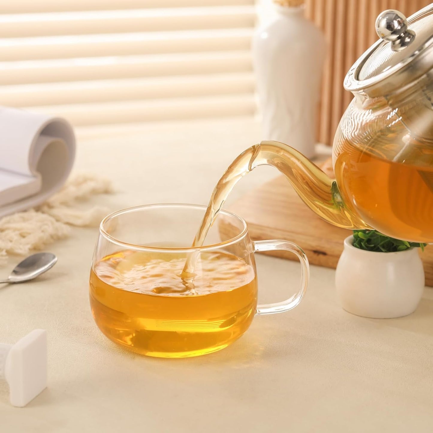 Glass Tea Cups Set of 2, Clear Borosilicate Glass Teacups with Handle for Tealover, Dishwasher & Microwave Safe Large Coffee Mugs for Espresso Cappuccino Latte Juice, 12OZ/360ML