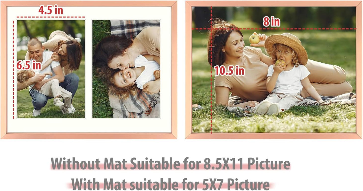 Frametory - 8.5x11 Aluminum Collage Picture Frame - Display 5x7 Pictures with 2 Openings Mat - Real Glass Front - with Easel Stand for Horizontal/Vertical Wall Mount - Rose Gold 1 Pack