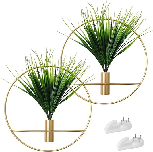 SAJANDAS Set of 2 Artificial Plants with Gold Metal Round Hanging Hoop for Wall Decor, Wall-Mounted Green Fake Plants in Metal Hoop for Modern Home Decor, Gold Wall Decor for Bedroom, Living Room