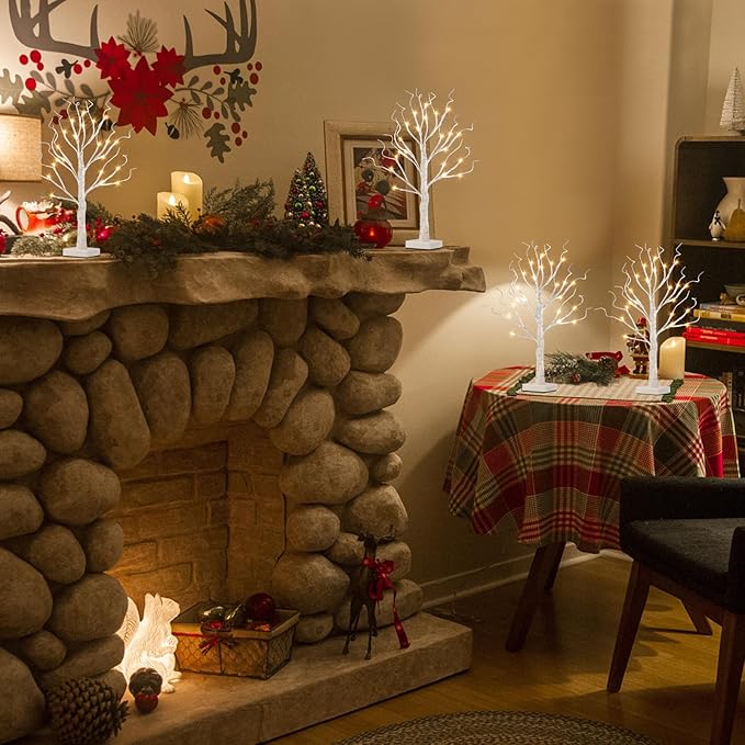 Vanthylit Christmas Tree Decorations, White Birch Tree with LED Lights- Set of 4, Warm White Small Tree Lights Battery Powered/USB, Timer Lighted Tree for Home Wedding Indoor Outdoor Decor (2 FT)