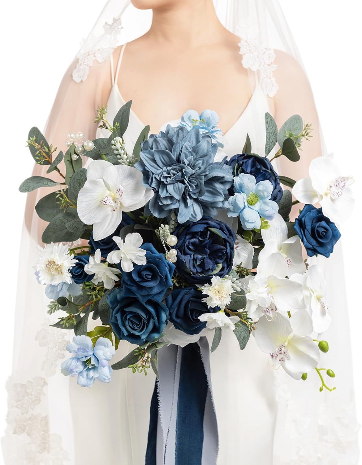 Ling's moment Navy Blue Bridal Bouquet, 13 Inch Wedding Bouquets for Bride, Silk Free Form Bridal Bouquets for Wedding, Ceremony, Anniversary, etc.