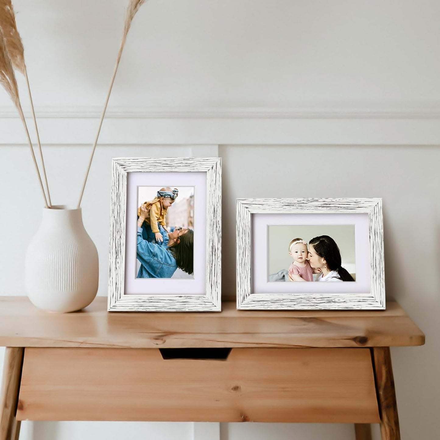 Egofine 4x6 Picture Frames Set of 4, Made of Solid Wood Covered by Plexiglass 3.5x5 with Mat or 4x6 without Mat, for Table Top Display and Wall Mounting Photo Frame Driftwood White