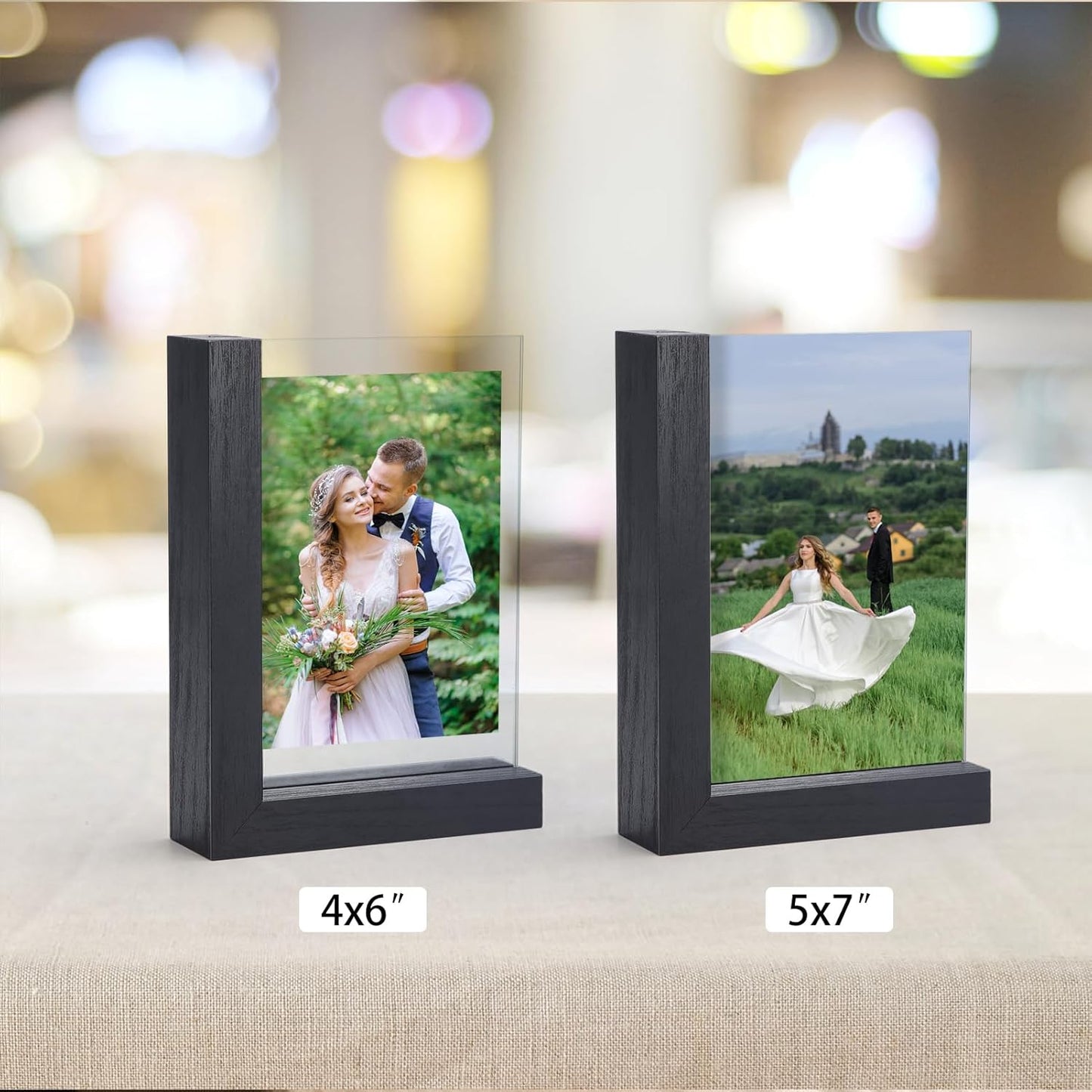 Lavezee 2 Pack 4x6 Picture Frames Made of Black Wooden L-shaped Base with Glass, Double Sided Display Photo Pictures 4 by 6 inch Vertical Horizontal for Tabletop Frame