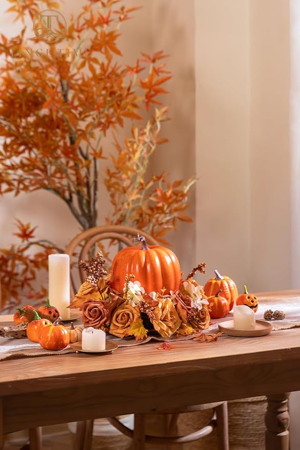 TINGE TIME Artificial Flowers Combo Set, Gradient Color Flower Leaf with Stems for DIY Wedding Bouquets Centerpieces Baby Shower Party Home Decorations(Orange and White)