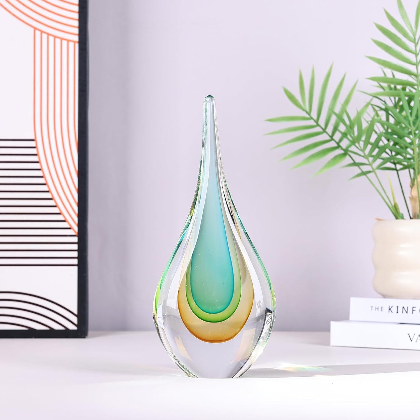 DOVDOV Blown Glass Sculpture, Light Green Glass Art Teardrop Statue, Unique Ocean Themed Decor for Office, Bookshelf, Dresser, Living Room Coffee Table, Fireplace countertop Decor.